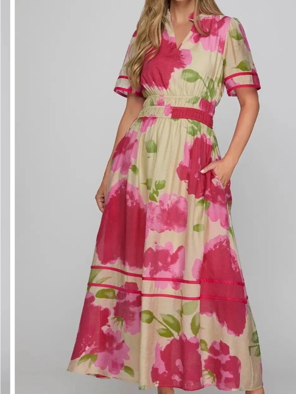 Beautiful She + Sky Pink and White Floral Ruffle Maxi Dress
